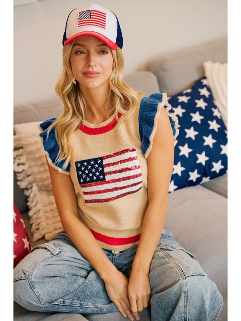 Americana Sequin Flag Knit Sweater Top NWT - Picture 3 of 10